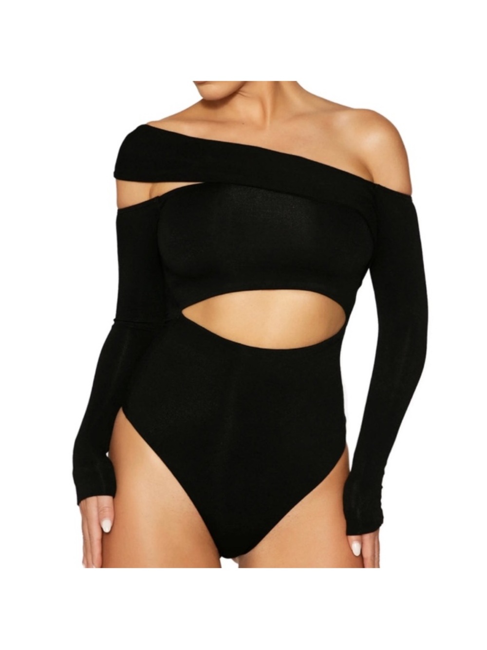 naked wardrobe Black One-Shoulder Cutout Long Sleeve Bodysuit